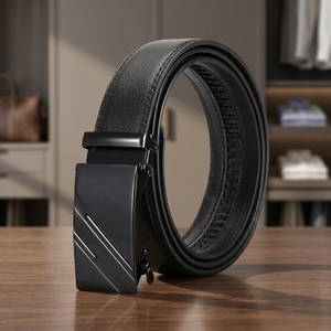 Ceinture automatique en cuir véritable pour homme, boucle rectangulaire en cuir de vachette noir uni, style formel, durable, moulage monobloc - Product Image 3