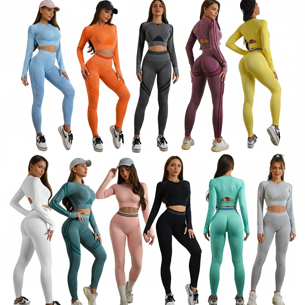 Hot Sale Women Workout 2 Pieces Long Sleeves Solid High Waist Peach Hip Pants Breathable Front Sports Fitness Skin Friendly Yoga