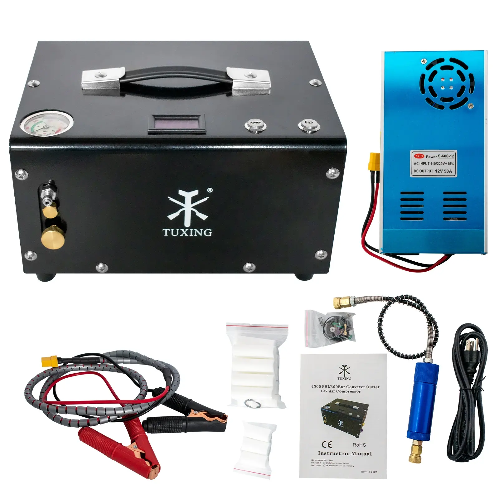 TUXINGขายส่ง300bar 4500psi 30mpaภายนอกระบบหม้อแปลงไฟฟ้าInflatorแรงดันไฟฟ้าสูง12V Mini Paintball PCPเครื่องอัดอากาศ