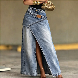 Nouvelle conception 2026 : Jupe longue en jean délavé avec patchwork superposé pour femme - Product Image 1