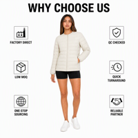 Veste d'hiver légère pour femmes, rembourrage 90% duvet de canard blanc, col rond, fermeture éclair, portable, ODM OEM, vêtements d'extérieur personnalisés pour femmes