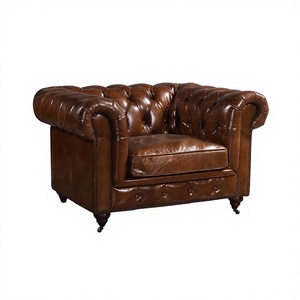 Canapé de Luxe 100% Cuir Véritable Marron Vieilli, Ensemble de Canapés en Cuir Authentique pour Salon, 123 Canapé Classique <span class=keywords><strong>Chesterfield</strong></span> à Accoudoirs Ronds - Product Image 4