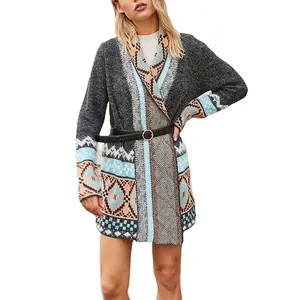 Wholesale women oversize bohemian style jacquard knitting sweater cardigan dropship vintage tribal wrap cardigan without button