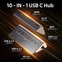Base de Conexión USB-C con 10 Puertos (2x USB 3.2, 2x USB 2.0, SD/TF), Ethernet 2.0 de 1Gbps, PD 100W, 4K*60Hz, Aluminio, en Stock