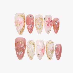 <span class=keywords><strong>Uñas</strong></span> Postizas Acrílicas en Degradado Rosa Francés y Blanco, con Diseño <span class=keywords><strong>de</strong></span> Tulipán 3D, Perla y Marco Dorado, Forma Almendrada, Longitud Media, 10 Piezas - Product Image 1