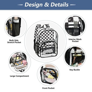 Unisex <b>Black</b>/White Checked Design Heavy Duty Clear 16" Clear Backpack Transparent Travel Casual Backpack with <b>Black</b> Trim - Product Image 5