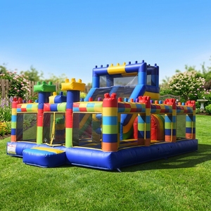 Château gonflable pour enfants avec toboggan et parcours d'obstacles à thème blocs, combo château <span class=keywords><strong>de</strong></span> saut humide/sec avec souffleur pour fête - Product Image 4
