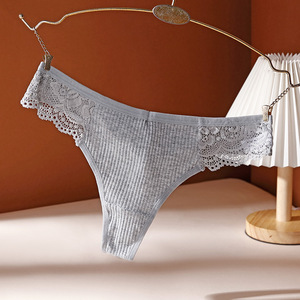 Tanga de punto acanalado gris para mujer con borde de encaje, tiro bajo, sexy, transpirable, con entrepierna de algodón, venta al por mayor - Product Image 4