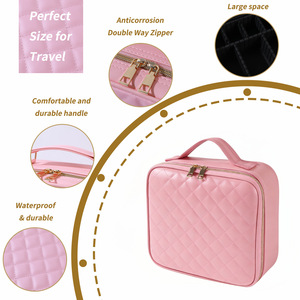 Estuche de Maquillaje Impermeable con Diseño de Diamantes en PU, Espejo con Luz, Cubierta de Alta Gama, Diseño Urbano Minimalista, También Sirve como Maleta - Product Image 2