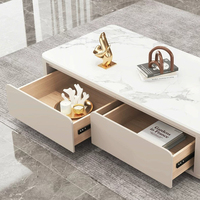 Meuble TV moderne rétractable, meuble TV extensible avec plateau en pierre frittée et tiroirs multiples, longueur réglable, basse hauteur