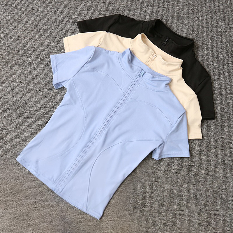 Quick-dry for Running Tight-fitting Sports T-shirt Stand-up Collar Zipper Pilates Yoga Wear Women Cycling Short-sleeve Solid