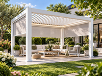 Weiße Aluminium-Gartenlaube mit Motorisierten Verstellbaren Lamellen und Windschutz für Außenbereich, Garten und Villa