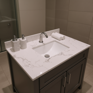 Plan de toilette de salle de bain Montary 31 pouces en marbre blanc avec vasque en céramique à encastrer, trou pour robinet unique, crédence en pierre technique - Product Image 2