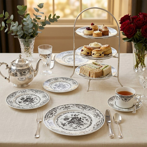 Service de table vintage noir à motifs floraux en céramique, vaisselle de luxe en porcelaine fine pour mariage et réceptions, assiettes, bol à soupe, tasse à thé et soucoupe - Product Image 4