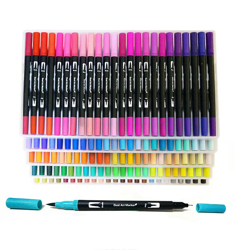 100 Dual Tip Brush Pen Marker Set Flexible Brush & Fineliner Tips For Adult Coloring Books, Manga, Calligraphy, Hand Lettering,