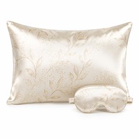Ensemble de taies d'oreiller en pure soie de mûrier et masque pour les yeux, motif imprimé à pois et feuilles, anti-escarres, coffret cadeau pour le sommeil, personnalisable OEM