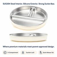 Assiette d'alimentation pour bébé en acier inoxydable 304 de qualité alimentaire, non toxique, enveloppée de silicone, à 3 compartiments, avec base à ventouse puissante