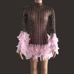 Abiti da spettacolo di lusso con diamanti glitterati <span class=keywords><strong>Mini</strong></span> abiti da donna in tinta unita per feste da ballo con piume - Product Image 1