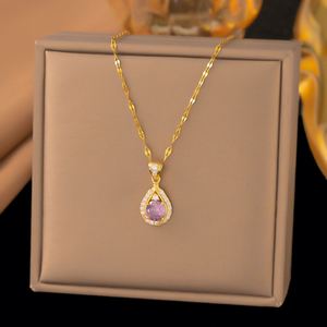 Collier tendance pour femme avec pendentif géométrique en zircon violet, chaîne de clavicule en acier inoxydable plaqué or rose pour anniversaire - Product Image 6