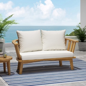 Canapé d'extérieur 2 places en <span class=keywords><strong>bois</strong></span> d'acacia avec coussins, lit de <span class=keywords><strong>jardin</strong></span> à lattes ouvertes, finition teck résistante aux intempéries - Product Image 2