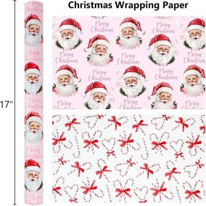 Papel de Regalo Navideño Burymento, 17 Pulgadas x 32.8 Pies, Reversible, Diseño de Bastones de Caramelo Rosados con Santa Claus - Product Image 4
