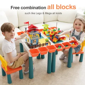 Hot Sale Wholesale Kids Kindergarten Children Plastic Bricks DIY Playing Educational Toy Building Block Table And Chair Set