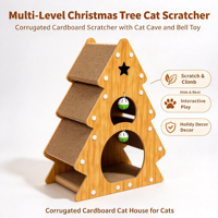Griffoir pour chat en forme de sapin de Noël, griffoir multi-niveaux en carton ondulé avec niche pour chat et jouet clochette suspendu