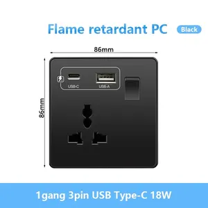 Đen Anh 13A ánh sáng Nút chuyển đổi, phổ USB C 18W thông minh nhanh sạc Ổ cắm điện, 220V Ổ cắm điện chuyển đổi tường