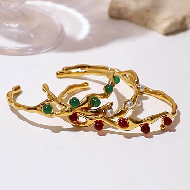 18K Gold Plated Stainless Steel Irregular Cuff Pearl Crystal Bangle Bracelet Multi Color Gem Stone Bangles