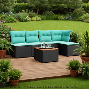 6 Piece Black Poly <b>Rattan</b> Patio <b>Sofa</b> Set With Cushions Outdoor Garden Furniture - Product Image 2