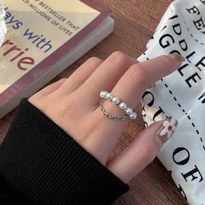 Yinruitai 925 Sterling Silver Pearl Chain <b>Open</b> <b>Ring</b> Women Adjustable Everyday Wear Vintage Style - Product Image 4