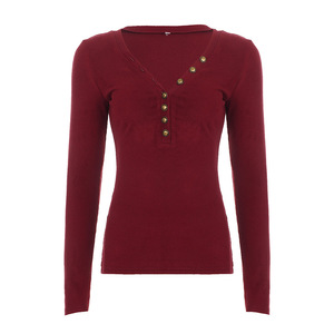V Neck Slim Fit Ribbed Knit <b>Top</b>, Bronze Button Detail Long Sleeve Women's T Shirt, <b>Y2K</b> Retro Casual Fashion Style - Product Image 6