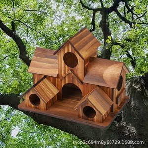 Nichoir rustique en bois massif style villa à fixer sur arbre, décoration de jardin, petite taille pour oiseaux - Product Image 2