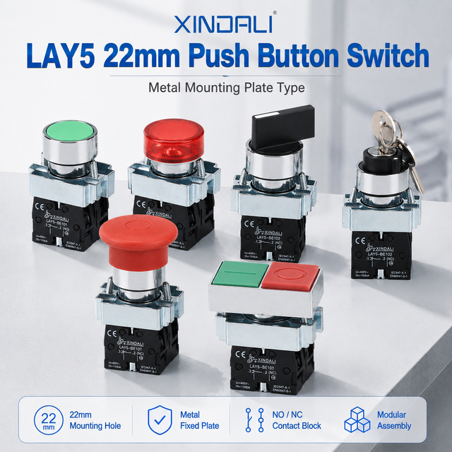 LAY5 Series 22mm Push Button Switch with Metal Mounting Plate Emergency Stop Selector Pilot Light Industrial Control Button