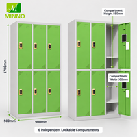 Casier de rangement métallique MINNO à 6 portes, armoire en acier avec six compartiments indépendants, montage au sol