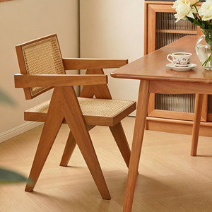 Nordic Retro Modern Farmhouse <b>Dining</b> <b>Chair</b> Solid Wood Woven Rattan Wicker Armchair for Cafe <b>Bistro</b> Restaurant and Home Use - Product Image 1