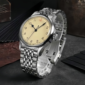 OEM Logo personalizzato Vintage pilota orologi da <span class=keywords><strong>uomo</strong></span> NH35 semplice <span class=keywords><strong>giallo</strong></span> chiaro acciaio inossidabile automatico <span class=keywords><strong>orologio</strong></span> da polso abito meccanico - Product Image 2