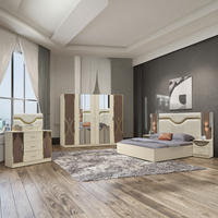Ensemble de chambre à coucher moderne de luxe, taille king-size, 5 grands tiroirs de rangement, tête de lit beige brillante éclairée, pour villa, maison, hôtel, appartement