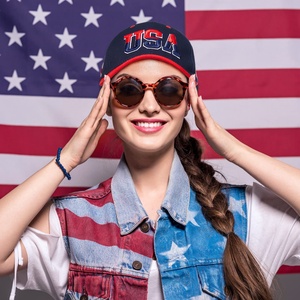 หมวกแก๊ปแฟชั่น USA ปีกโค้ง ปรับขนาดได้ ผ้าฝ้าย หมวกทรง Dad Cap ปักลายธงชาติอเมริกัน สำหรับทุกเพศ - Product Image 5