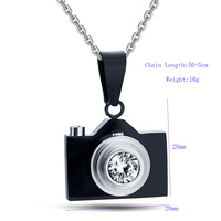Pendentif de caméra cachée mignon noir en acier inoxydable personnalisé avec collier en zircon