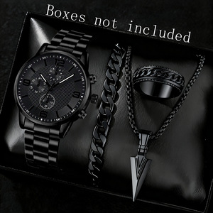 Lp170 Set di 4 Orologi da Uomo, <span class=keywords><strong>Orologio</strong></span> al Quarzo Classico con Tre Quadranti, Bracciale, <span class=keywords><strong>Collana</strong></span> e Anello, Regalo Perfetto per Uomini - Product Image 1