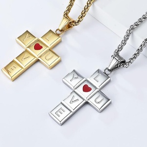Collar al por mayor con colgante de corazón de amor de expresión abierta con gota de aceite, cadena cubana larga y cruz de estilo rock brillante - Product Image 1