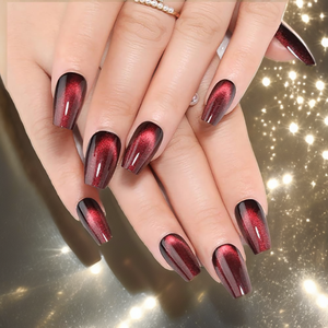 CANNY CLUB Faux Ongles à Presser <span class=keywords><strong>Rouge</strong></span> Bourgogne Profond Effet Œil de Chat Forme Cercueil Carré Longueur Moyenne Sans Colle Acrylique Réutilisables Printemps Été - Product Image 2