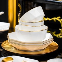 Nordic Elegant Gold and White Porcelain Tableware Set, Ceramic Hexagonal Tray for Household and Kitchen Dining Tables