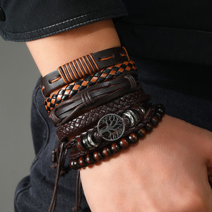 Ensemble <span class=keywords><strong>de</strong></span> bracelets en cuir tressé vintage pour hommes, perles en bois, bracelets <span class=keywords><strong>arbre</strong></span> <span class=keywords><strong>de</strong></span> <span class=keywords><strong>vie</strong></span>, bijoux - Product Image 1