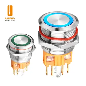 LANBOO 22/25มิลลิเมตร7A สูงในปัจจุบันโลหะปุ่มกดสแตนเลส IP67กันน้ำ1NO1NC Micromotion แหวน LED 9-24โวลต์220โวลต์