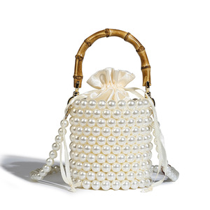 Bolso de cubo con cordón de diseño original para mujer, a la moda, con cadena de perlas, tipo satchel, con cremallera, portátil, de un solo hombro/bandolera, dos colores (Tanjin) - Product Image 5
