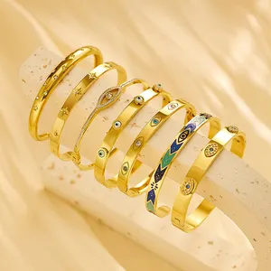 XIXI Jewelry Wholesale Fashion Geometry Enamel Hill Eye Pattern Women Cuff Bracelet Gold Plated Stainless Steel Jewelry Bangle