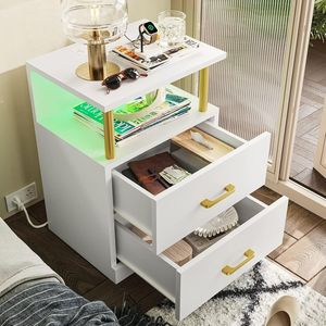 Mesa de <span class=keywords><strong>Noche</strong></span> Metálica LED con Estación de Carga y Puertos USB, Blanca, 2 Cajones, Mesa Auxiliar Moderna - Mesa de <span class=keywords><strong>Noche</strong></span> Personalizada - Product Image 3