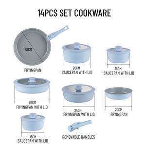 E-TOP Ensemble de batterie de cuisine en aluminium bleu clair 14 pièces, personnalisable, compatible induction, forgé, comprenant poêle à frire, sauteuse et casserole, vente en gros - Product Image 2